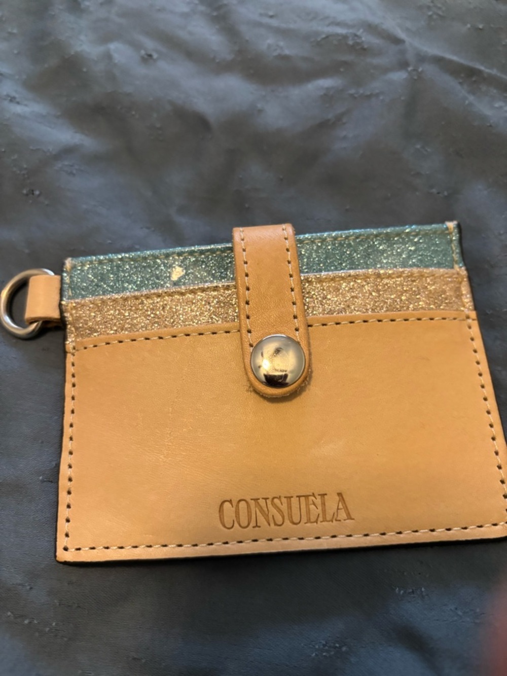 Consuela Tan Leather Card Organizer with Teal & Gold Glitter Accents